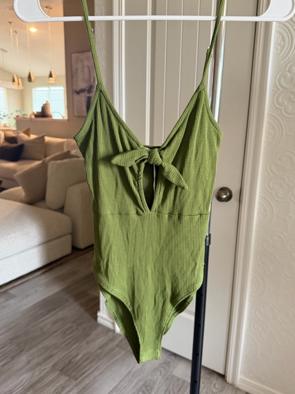 Olive Green Ribbed Tie-Front One-Piece